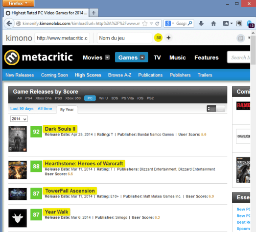 Kimono Labs : Premier paramètre