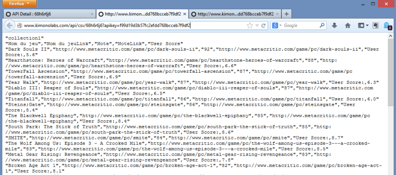 Kimono Labs : test du endpoint CSV